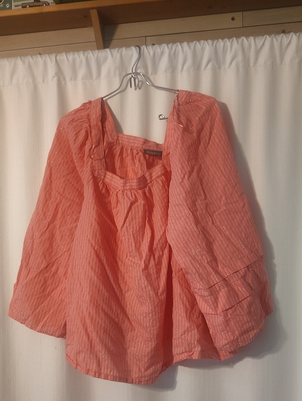 Style & Co. Coral Pink Peasant Blouse with Subtle Metallic Stripes